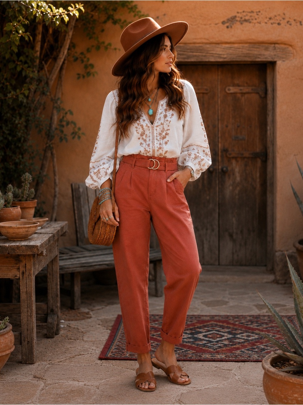 Paperbag Belted Terracotta Ankle Pants | Desert Boho | High Rise Tapered Trouser